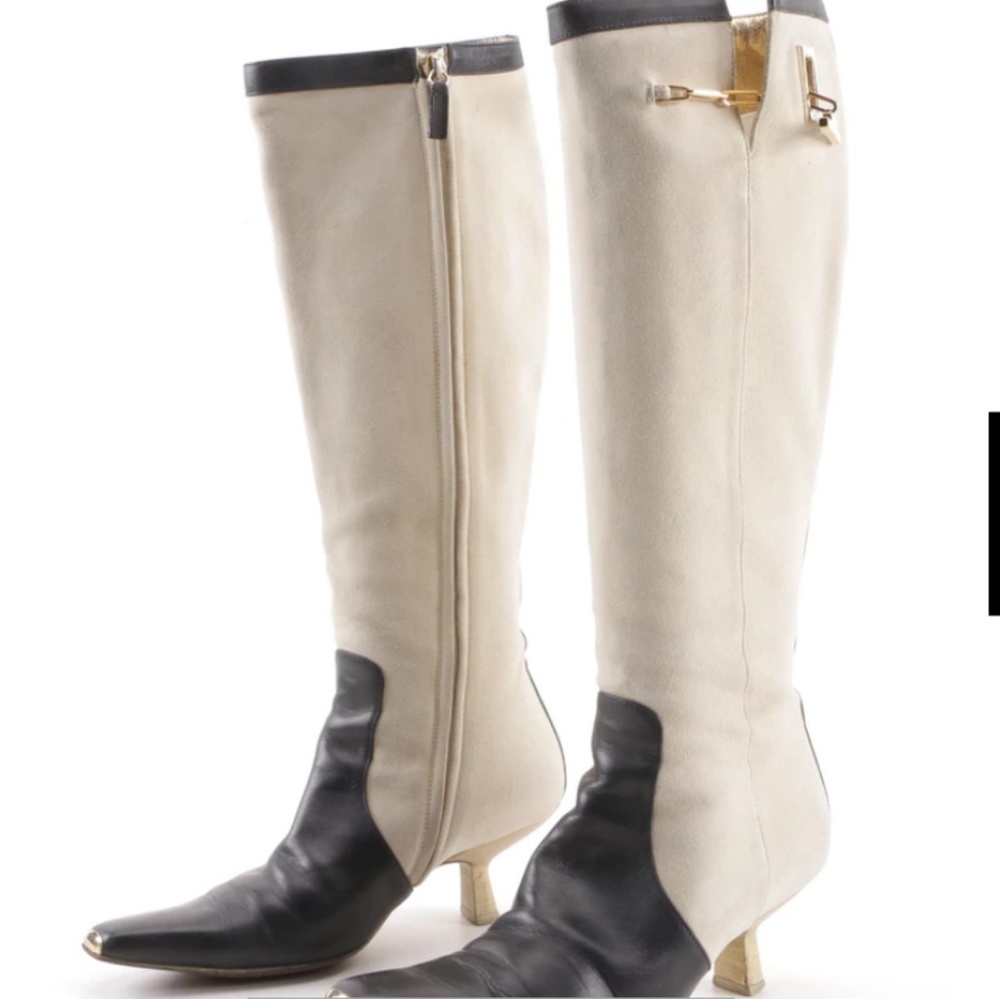 Gucci Cream Suede and Black Leather Color Block Bo